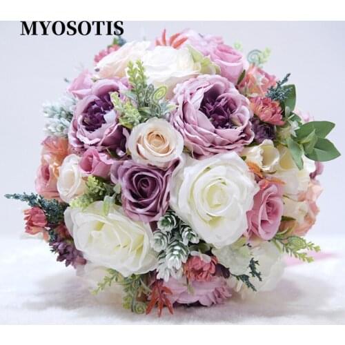 Holding Flowers Artificial Natural Rose Wedding Bouquet Silk Satin Ribbon Pink White Purple Bridesmaid Bridal Party Home Dec