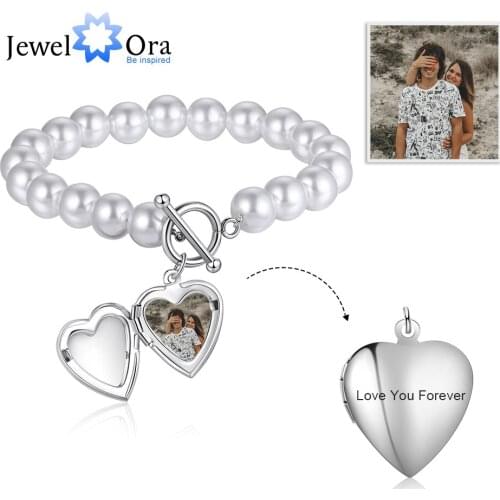 JewelOra Personalized Heart Locket Bracelets Customized Photo Pearl Chain Charm Bracelets & Bangles Engraved Jewelry Gifts