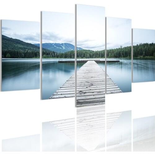 Wooden Bridge Lake Mountain 5 Panels DIY Wood Frame Canvas Painting Poster Wall Art Print Picture Living Room Home Decoration