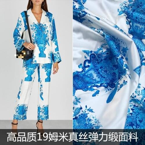 European and American V Brand New Blue Bottle Flower Mulberry Silk Spandex Satin Women 's Clothing Fabric