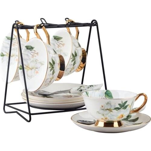 European pastoral style Camellia coffee cup set porcelain tea cups saucer spoon set espresso cup 200 ml Flower tea cup