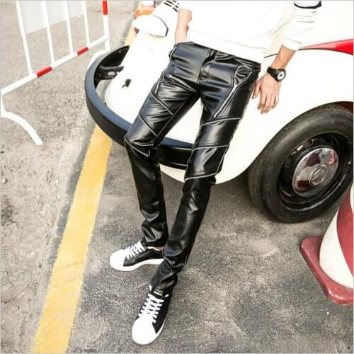 Hot 2021 New Mens Pu Leather Pants Feet Slim Pants Korean Casual Pants Tide Straight Trousers Motorcycle Pants Singer Costumes