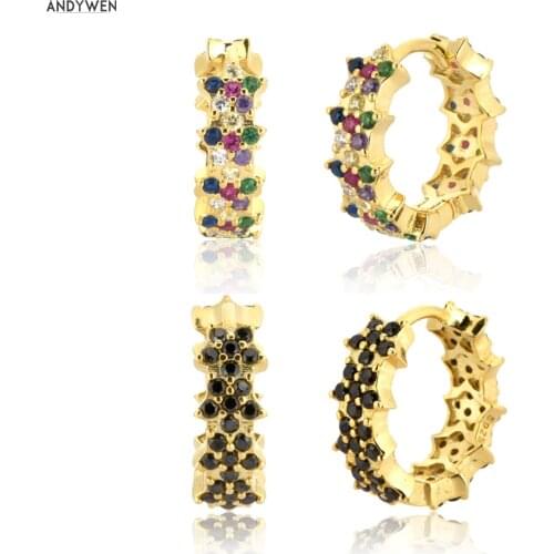 ANDYWEN 925 Sterling Silver Gold Rainbow Zircon Hoops Black CZ Crystal Huggies Circle Flower Loops Piercing Luxury Jewelry