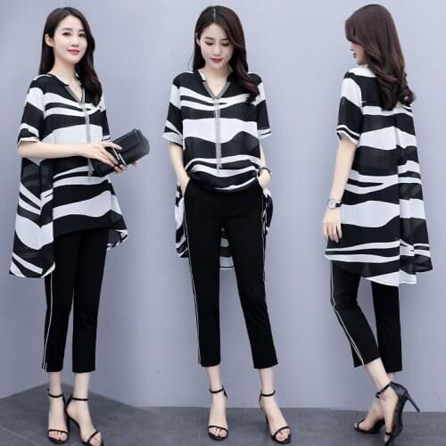 2021 Summer striped Two Piece Sets V-neck loose blouse shirt tops and split pants trousers Set Women 2 Piece suits