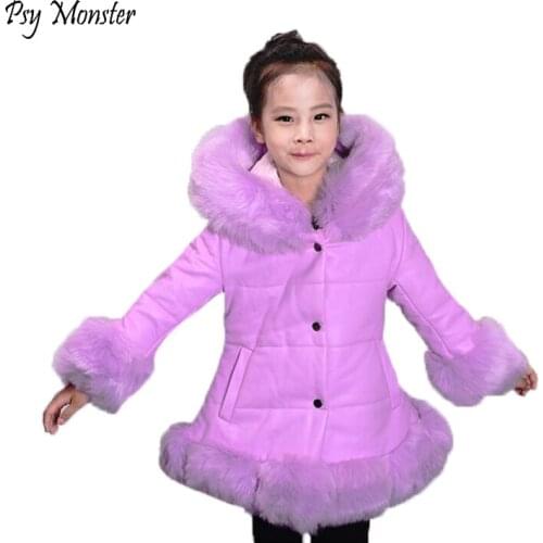 Winter Fur Hooded Warm Jackets For Girls Padded Coats Thicken PU leather patchwork fox faux fur collar jacket Outerwear W57