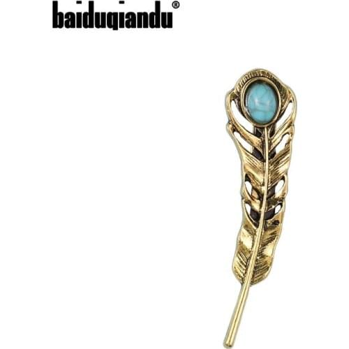 Baiduqiandu New Arrival Elegant Antique Gold Color Alloy Metal Feather Brooch Pins