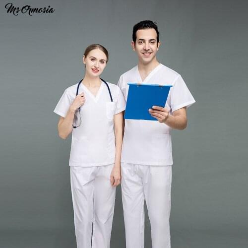 Medical staff V-neck short-sleeved T-shirt summer top overalls solid color polyester cotton nurse accessories unisex scrub suit