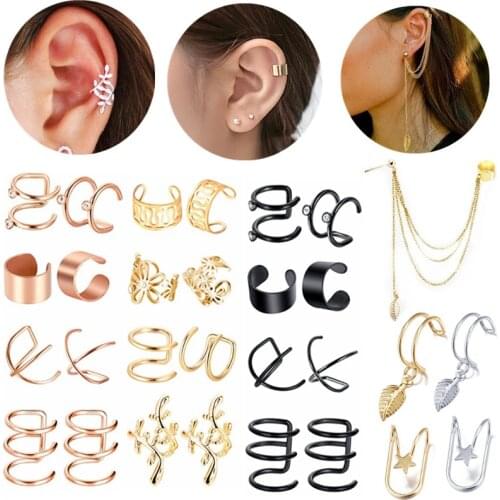 Stainless Steel Leaf Ear Cuffs Set Non Pierced Ear Helix Earring Lot Clip On Cartilage Earring Clip Ear Cuff Chain Set For Women