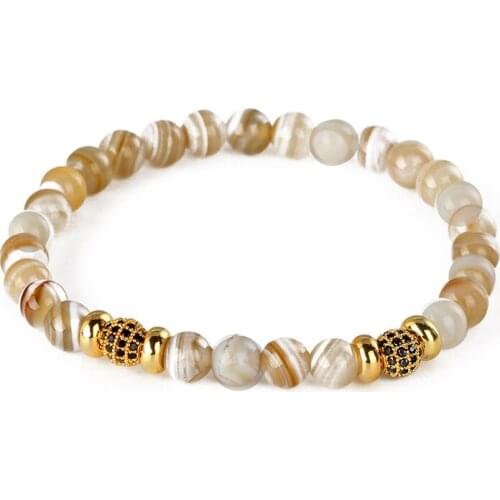 New Beads Jewelry Natural Stripe Grey Brown Semi Precious Stone Bead Inlay Zircon Charms Standard Beaded Unisex Bracelet