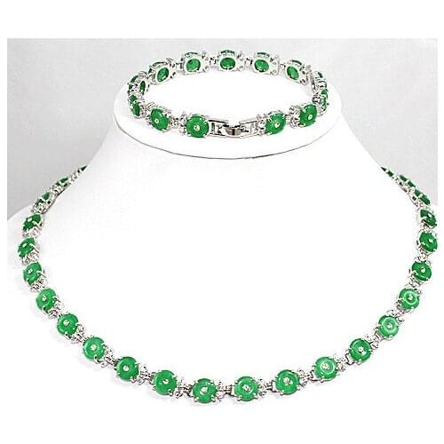 Wholesale christmas gift green round coin Natural Stone silver plated bracelet & necklace jewelry set