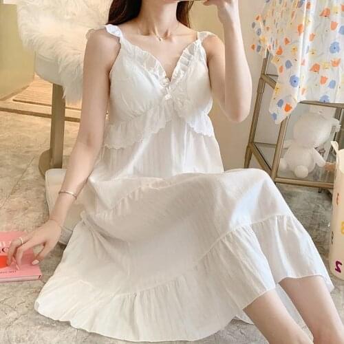 QWEEK Cotton White Dress Woman Princess Sleepwear Cute Nightgown Summer 2021 Sundresses Nightie Lace Nightdress Home Clothes