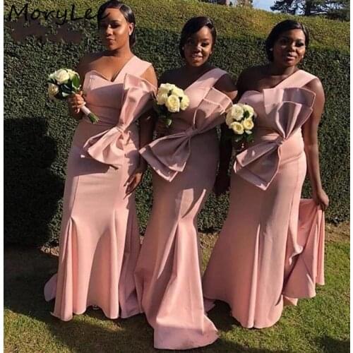Pink Bridesmaid Dresses Swetheart Floor Length Sweep Train Hand Made Bow Silk Satin Wedding Party Bridemaid Dresses