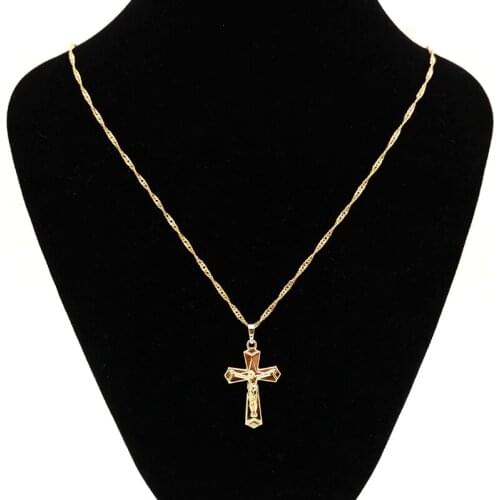 Lucky Gold Jesus Cross Pendant Necklace Christening Necklaces Pendants Blessing Amulet Crucifix Pingente Wisiorki Krzyz P0217