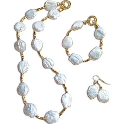 Fashion irregular natural White 14-15MM baroque pearl earrings bracelet necklace 50CM set