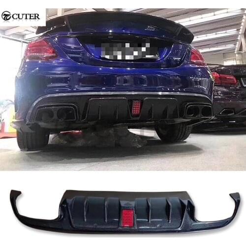 W205 Carbon fiber rear diffuser Back Bumper four out with LED lights lip for Benz W205 C260 C200 C300 C180 body kit B style 14UP
