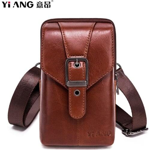 YIANG Genuine Leather Mens Small Square Bag High Quality Multi-Function Messenger Bag Retro Office Mobile Phone Pouch Money Bag
