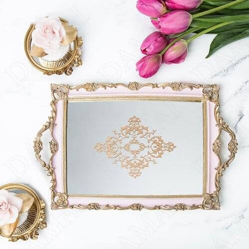 Retro Resin Mirror Storage Tray Relief Decorative Cosmetic Container Bedroom Desktop Jewelry Organizer Home Decoration Ornaments