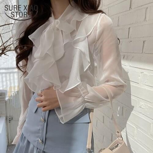 2021 Spring Autumn Chiffon Blouse Elegant OL Fashion Tops Sweet Bow Shirts Women Casual Long Sleeve Clothing White Blusas 13864