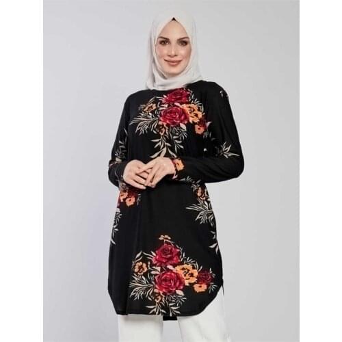 Womens Flower Print Hijab Tunik Mtn301 Black Burgundy-lycra knitted fabric