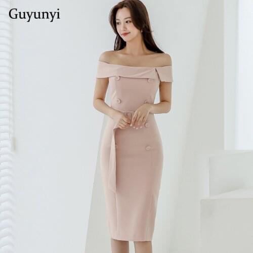 Pink Elegant Office Lady Dress 2021 Decorative Double-Breasted Delivery Belt Slash Neck Off The Shoulder Sexy Tight Party Dress