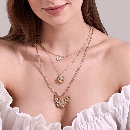 Personality Exaggerated Love Hollow Butterfly Necklace Fashion Long Multi-layer Ladies Sweater Chain