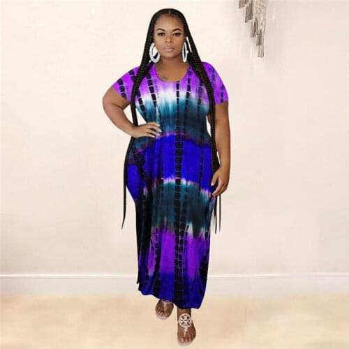 Plus Size Women Clothing XL-5XL Large Size Digital Positioning Print O Neck Split Women Maxi Dress Summer Long Dresses Vestidos