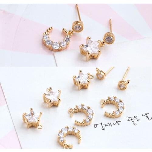 6pcs Diy Handmade Jewelry Accessories Material Gold Color Stud Earrings Drop Earing Zircon Moon Stars Earrings For Women Pendant