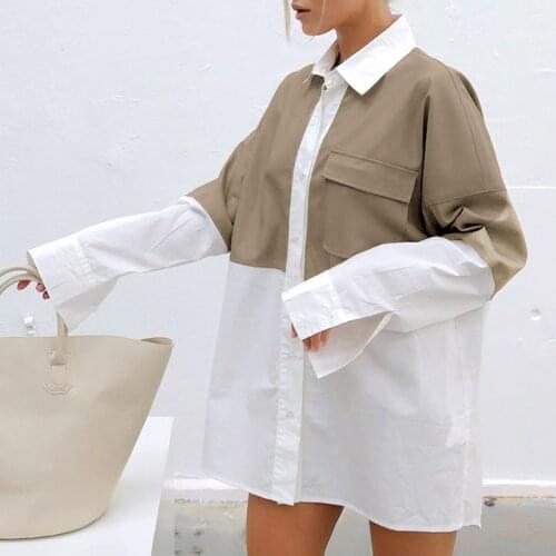 Patchwork PU Leather Blouse Women Loose Pocket Cotton White Long Shirt Female Casual Blouses and Tops 2021 Fashion