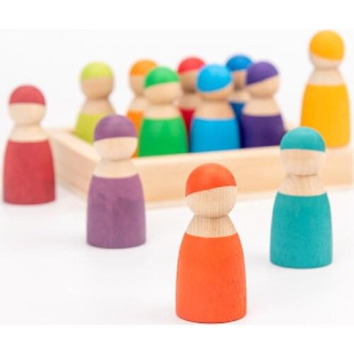 Wooden Rainbow Blocks Montessori Toys Peg Dolls Bodies Baby Pretend Play People Figures Shape Kids Educational Toys for Children