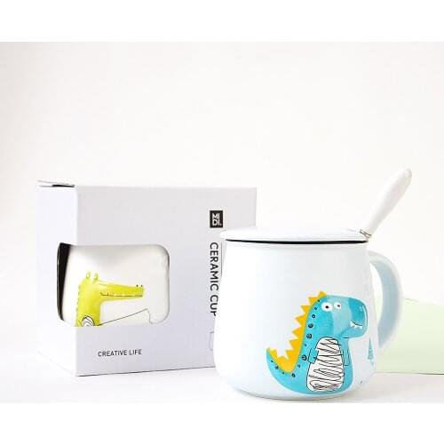 Ceramic Coffee Cup Drinkware Gift Cute Embossed Dinosaur Ceramic Cup with Cover Spoon Coffee Breakfast Milk Tea Cup Water Mug