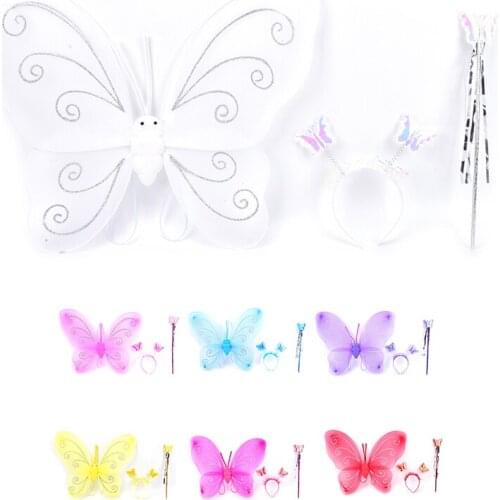 Lovely 3Pcs Girl Kids Butterfly Wing Wand Headband Fairy Xmas Costume Set
