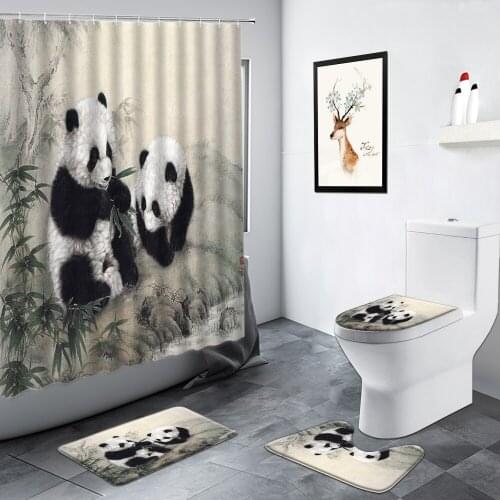 Cute Panda Shower Curtains Set Funny Black White Animal Green Bamboo Chinese Style Bathroom Carpet Non-slip Rug Toilet Bath Mats
