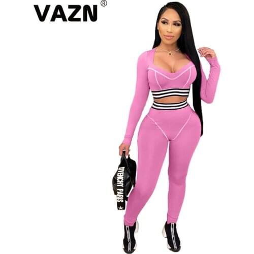 VAZN 2020 Autumn New Energy High Quality Sexy Young Soft Elastic High Waist Full Sleeve Long Pants Skinny Women 2 Piece Set