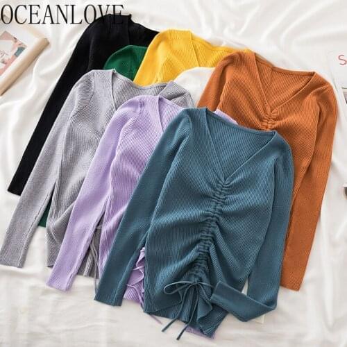 OCEANLOVE Pleated Women Sweater 14 Colors V Neck Solid Autumn Winter Pull Femme Korean Fashion Slim Casual Sueters De Mujer