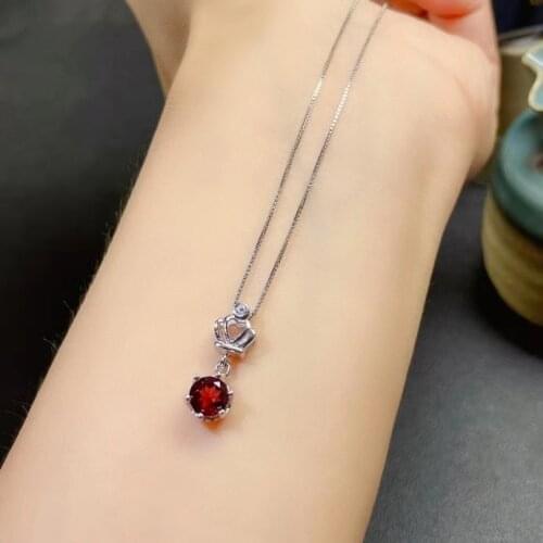 New Natural Garnet Pendant of Necklace for Women Jewelry Round Gem Birthday Gift Real 925 Silver Valentine