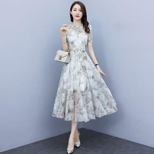 Floral Chiffon Short Sleeve Dress Female Summer 2021 New Temperament Fashion French Long Retro Dress Elegant Workwear Robes L01