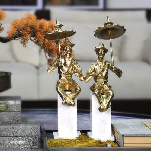 Modern Gold Brass Ancient Old Man Hold An Umbrella Sit On White Marble Statue Home Decor Crafts Decor Objects Hotel Figurines