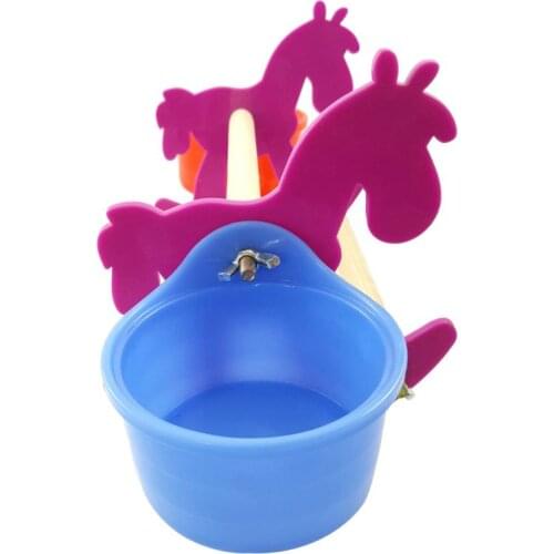 T84F Funny Bird Parrot Chew Toy Small Wooden Rocking Horse Chair Toys with Double Cup Feeder
