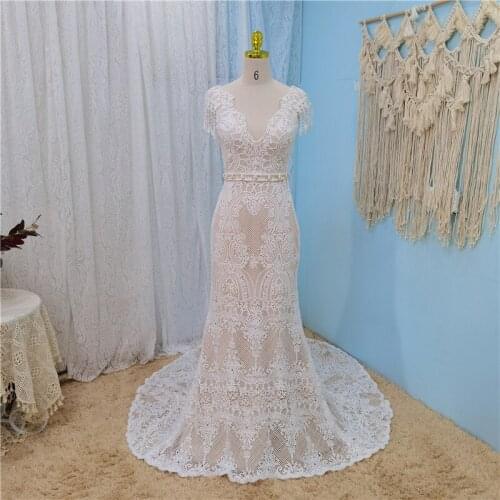 UMK Vintage Crochet Lace Mermaid Wedding Dress Boho Tassel Short Sleeve Sexy Open Back Hippie Bohemia Bridal Gowns