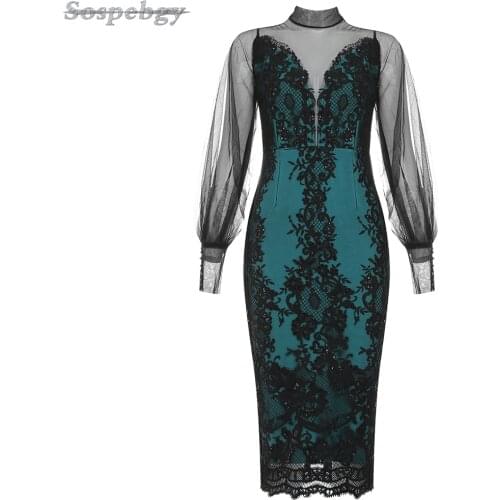 Spring Womens Green Long-sleeved Mesh Sequin Dress Ladies Bodycon Bandage Dress 2021 Elegant Temperament Banquet Dresses