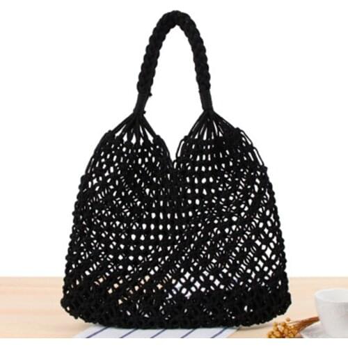 British style New Pure Color Shoulder Woven Bag Female Sen Series Straw bag Handmade Cotton rope Net pocket Beach bag