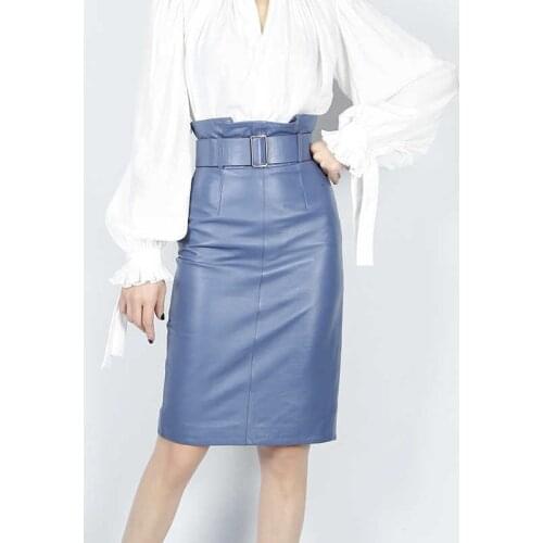 Womens Genuine Leather Skirt High Waist Office Ladies Elegant Designs Work Formal Skirts Female Slim Bodycon Pencil Skirts Belts