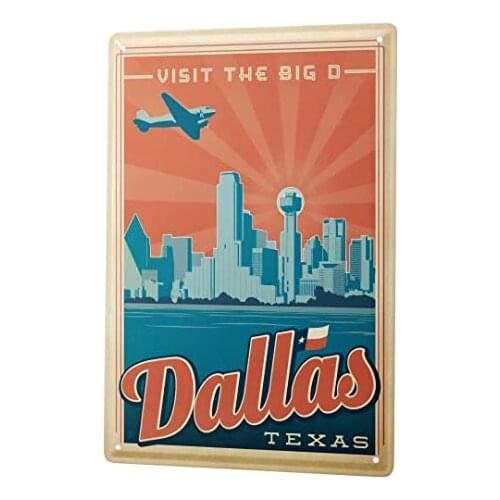 Tin Sign Decor Plaques Deco City Dallas Texas Skyline Aircraft 8X12