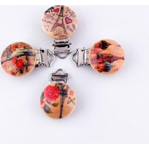10PCs Baby Pacifier Clips Mixed Pattern Natural Wood Metal Holders Cute Infant Soother Clasps Funny Accessories 4.4cm x2.9cm
