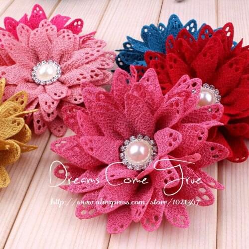 200pcs/lot 3.5" 6 Colors Fashion Chin Handmade Hollow Out Fabric Pearl Flowers For Children Hair Aceessories/Dress Decoration