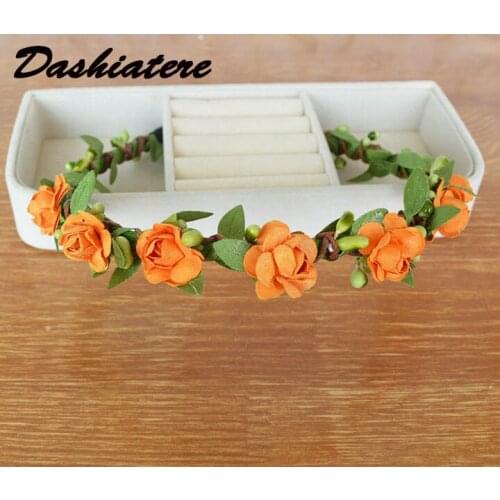 6pcs Girl Flower Wreath Hair Hoop Band with Flowers Woman Green Leaf Headband Orange Mini Rose Alice Hairband Kid Head Accessory