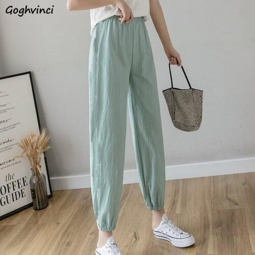 Multi-colors Elastic Waist Pants Women Solid Ankle-length Cotton Linen Pencil Trousers Casual Simple Streetwear Oversize S-XXL
