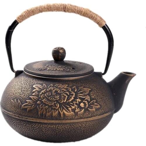 900ML Japanese Cast Iron Pot Uncoated Iron Teapot Southern Japan Peony Big Kettle Drinkware Kung Fu Infusers Metal Net Filter
