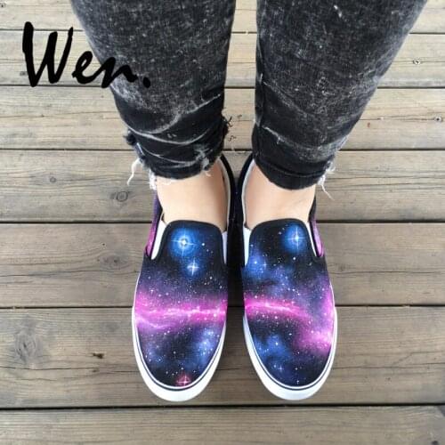 Wen Unisex Black Slip On Shoes for Man Woman Original Design Galaxy Nebula Skateboarding Shoes Low Top Canvas Sneakers