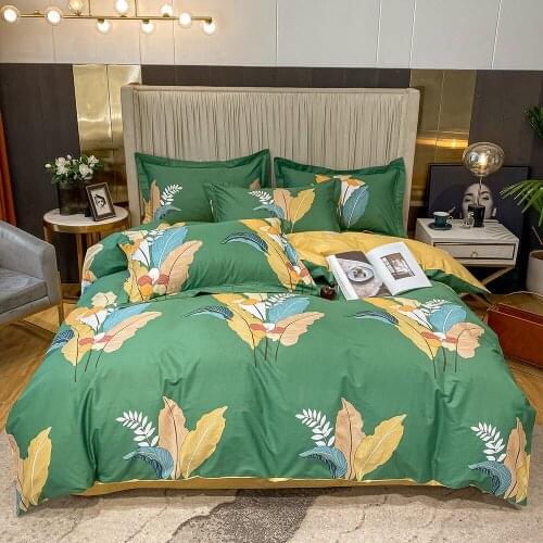 Papa&Mima Yellow Palm Leaves Green Pastoral Duvet Cover Set Cotton Queen King Size Bedding Set Bedlinens Flat Sheet Pillow Cases